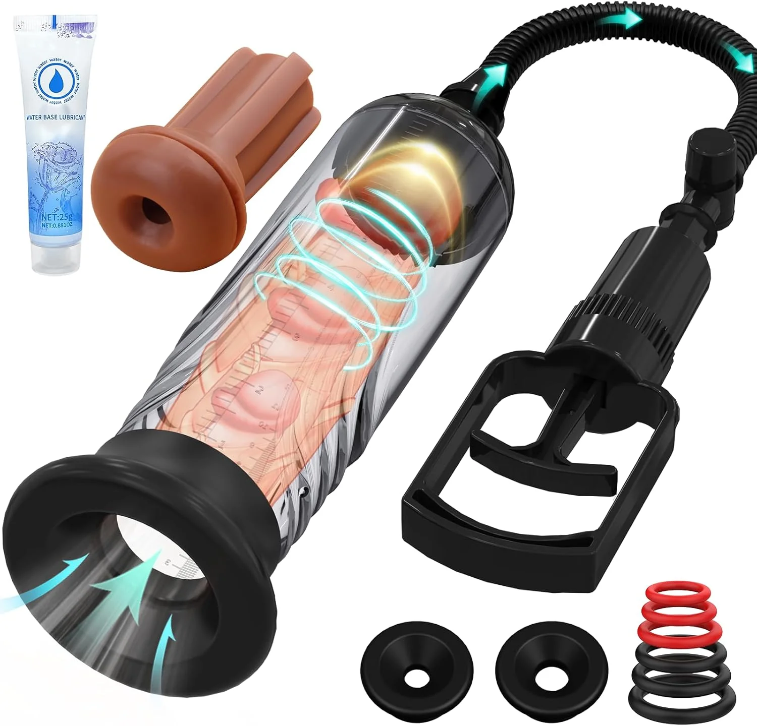 Manual Vacuum Penis Pump with 3 Sleeve Sizes, Ergonomic Grip & Clear Measurement Tube