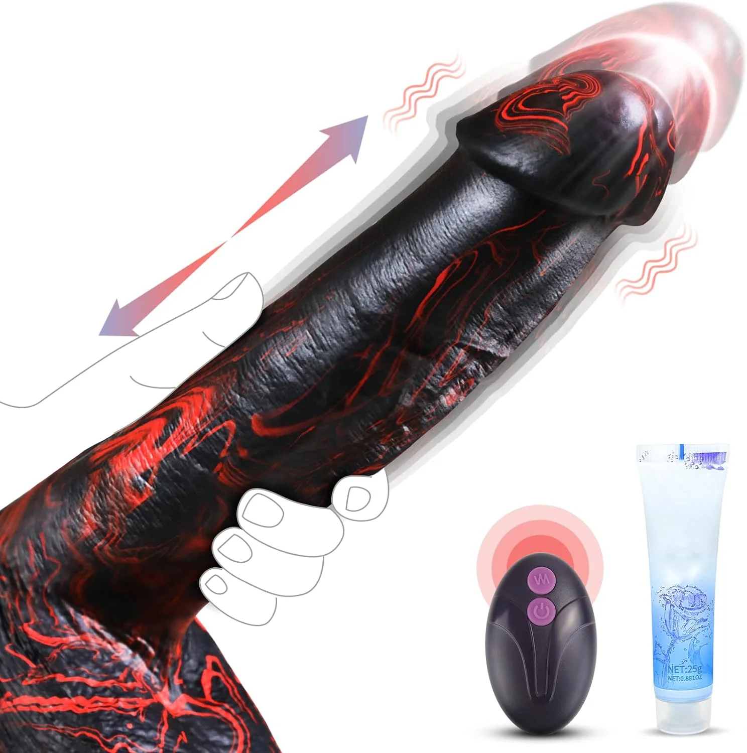 9.5” Black and Red Striped Thick Realistic Vibrating Thrusting Dildo – Adjustable Speeds, Remote & Suction Base