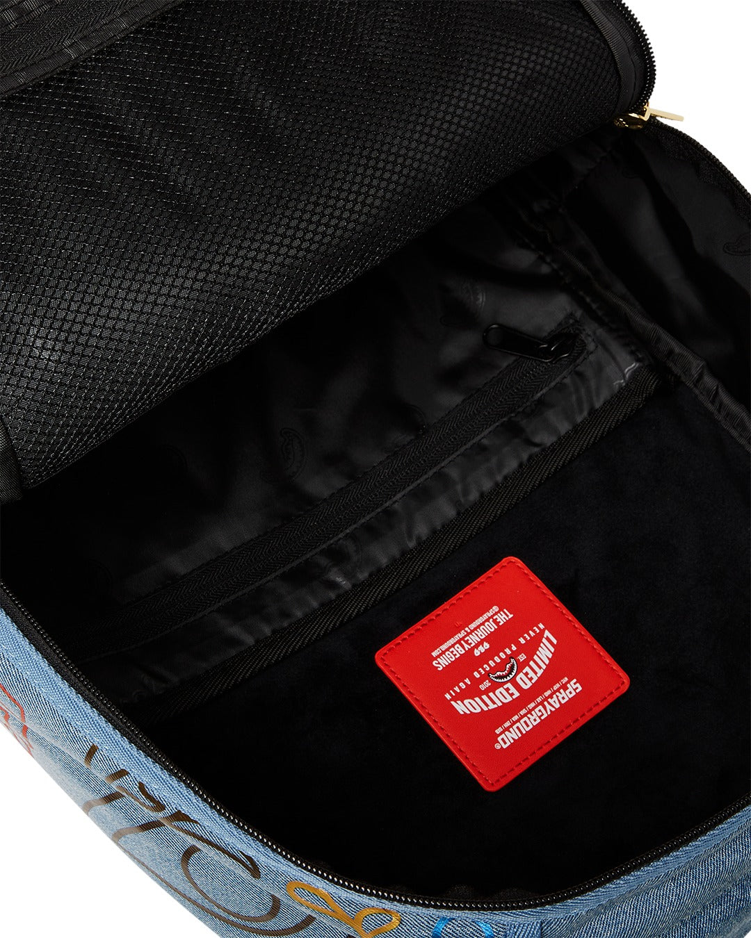 METALLIC PRINTED DENIM SHARK DLXSV BACKPACK